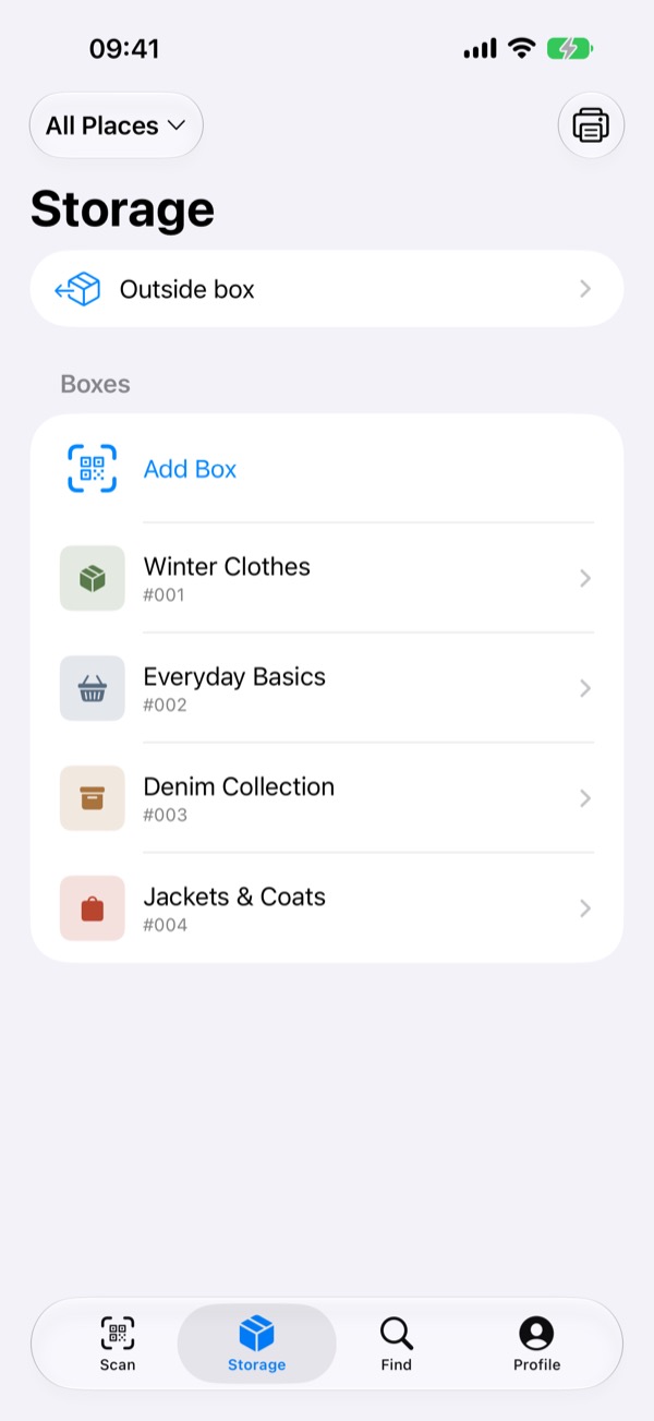 Storage screen — every box in one place