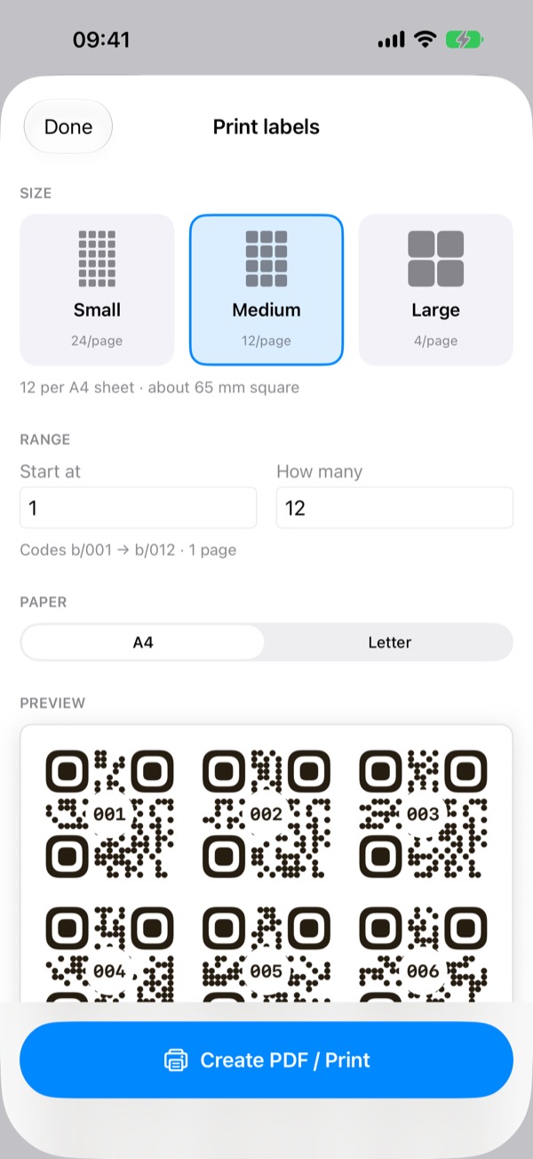 Print QR labels screen